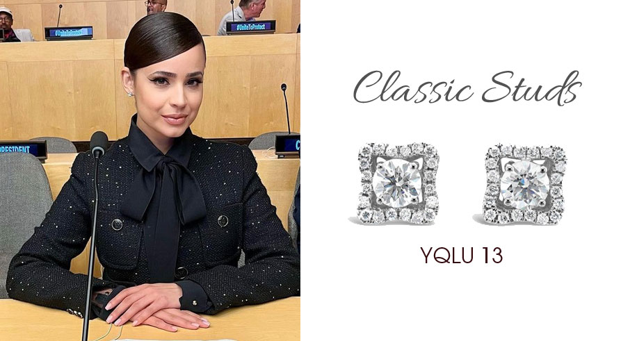 Sofia Carson wearing LeVian earrings while speaking at the United Nations on September 18, 2023.